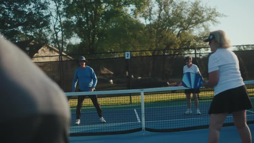 Two senior couples playing pickleball together