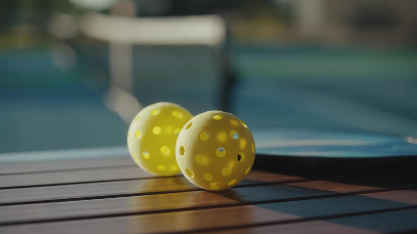 Two yellow pickleballs sitting on a wooden table by a court