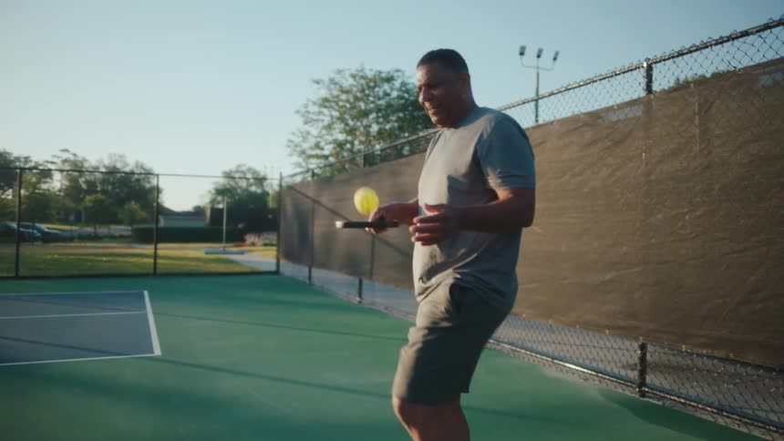 Man playing pickle ball on a tennis court bounces the ball on his paddle before serving it