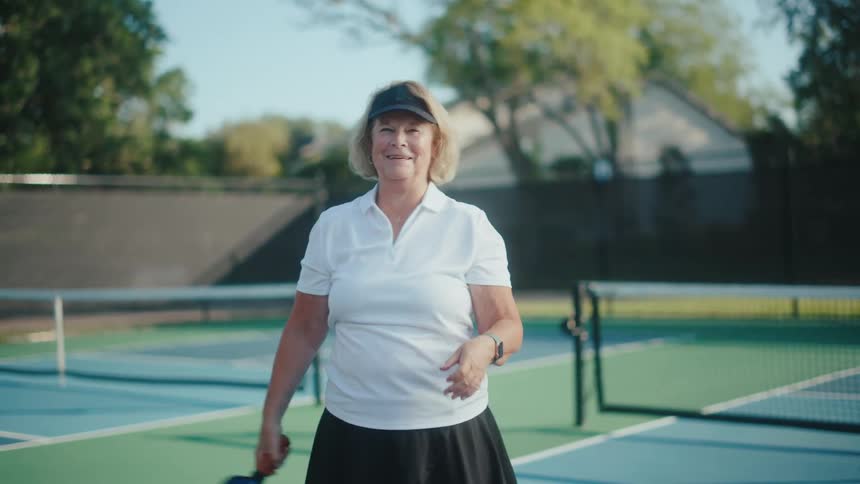 Woman on a pickleball court swinging a paddle