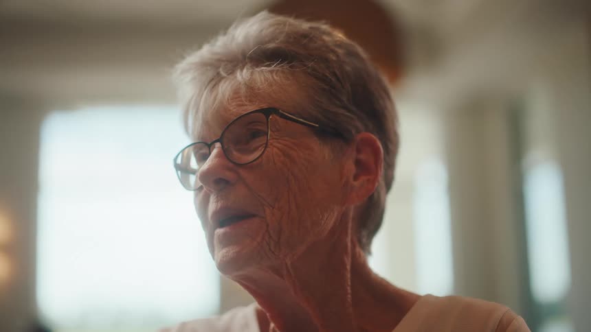 An elderly woman with glasses is talking to someone on her right