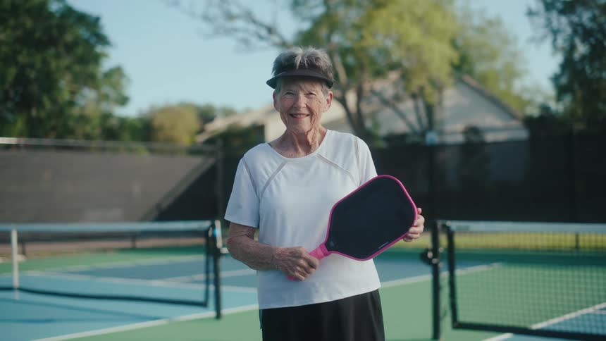 Elderly woman on a tennis court holding a pickleball paddle