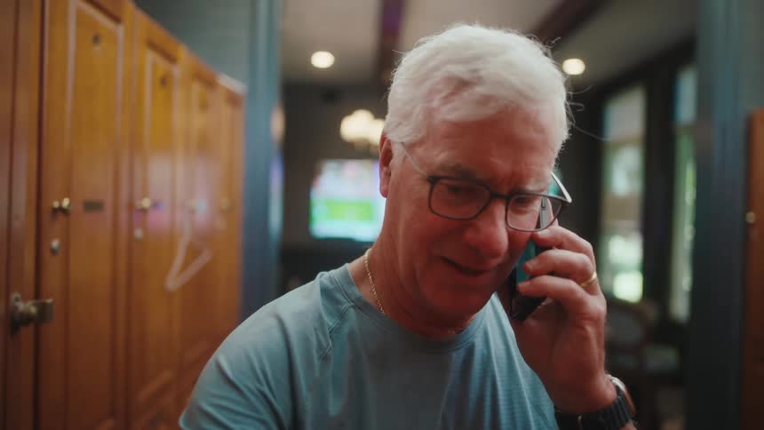 Older man talks on the phone while putting his racket in his wooden locker