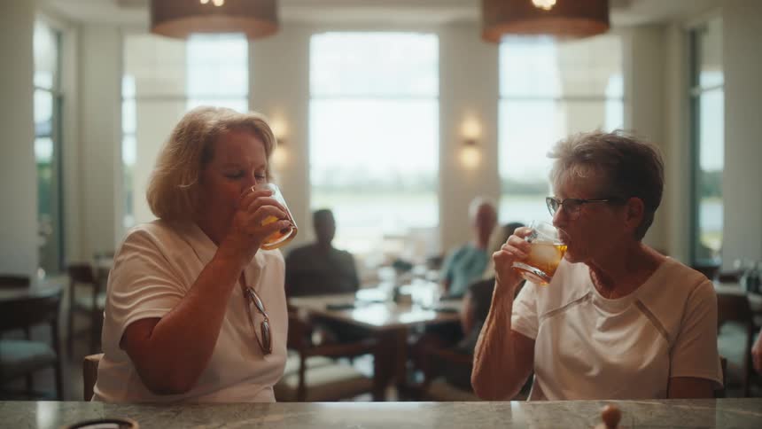 Two elderly women are clinking their glasses and then sipping their drinks