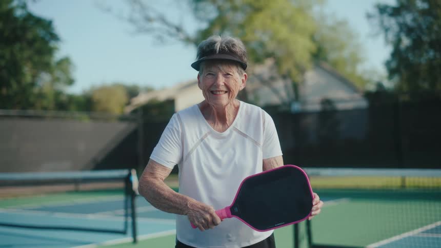 An elderly woman smiling while posing with a pickle ball paddle on a court