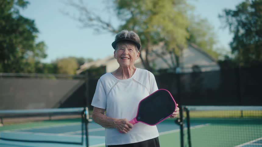 A woman smiles while holding her pickleball paddle