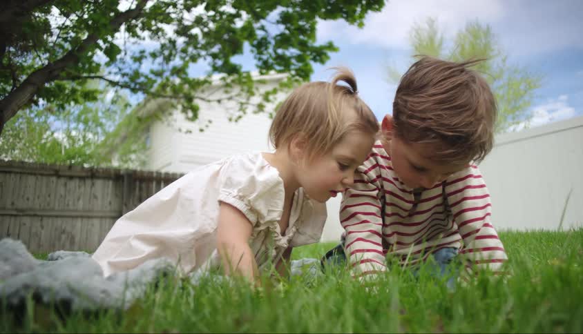 Two children examine something in the grass
