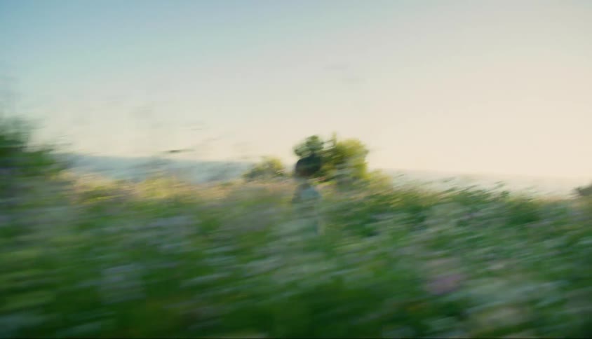 A girl runs down a path in a field away from her mother