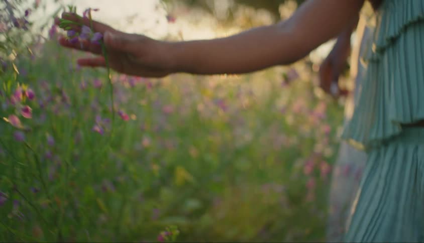 Girl hand passing me among the flowers and a garden with a reflection of sunlight