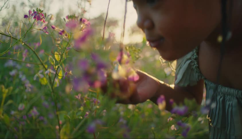 A girl smells the flowers on a sunny day