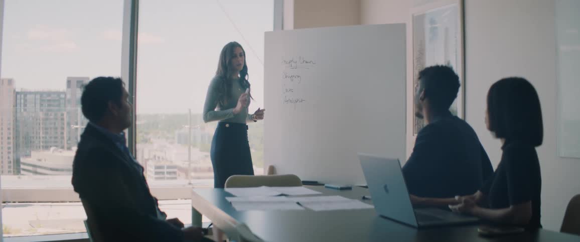 Four people in an office meeting in a room