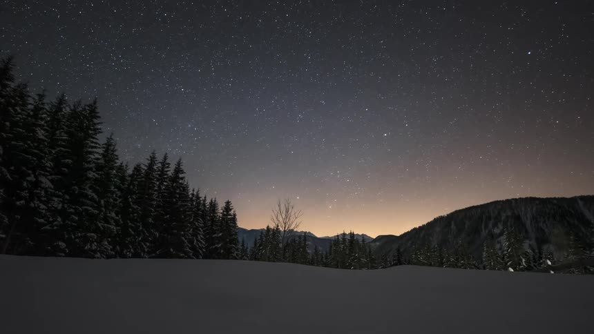Winter landscape with a coniferous forest under a dawning starry sky