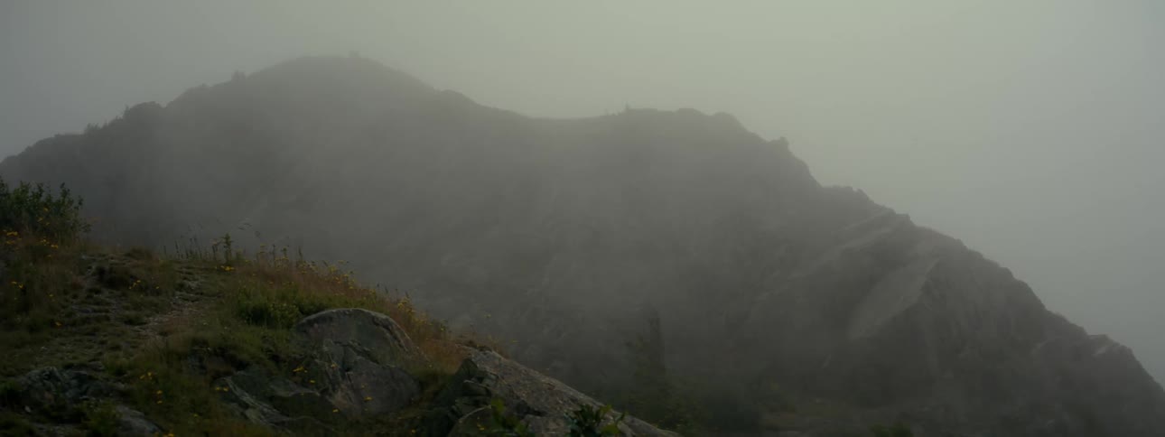 Mountain in fog with vegetation