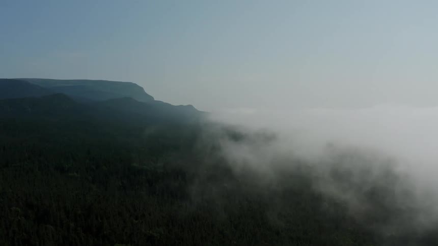 Heavy fog floats over a forest and mountain range