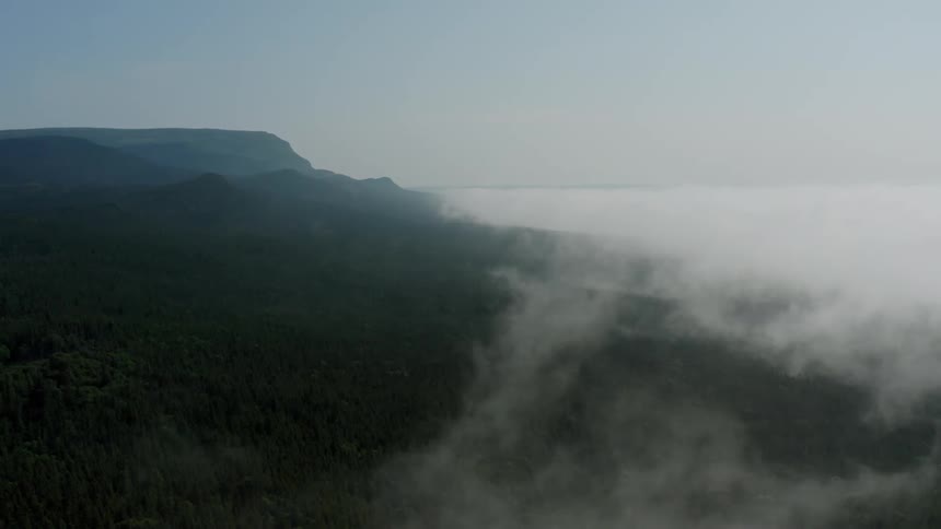 Aerial panorama of mountain ranges with forests and fog