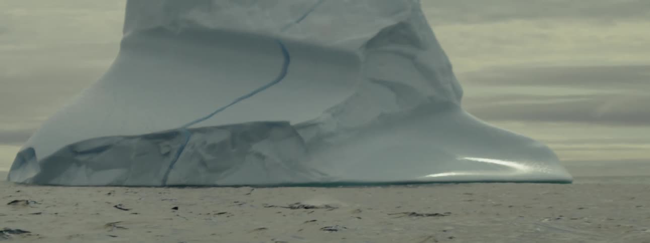 A whale surfaces and swims near a large iceberg