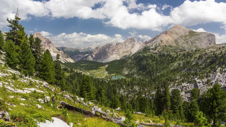A landscape of a valley full of trees in a mountain range and white clouds passing quickly in the sky