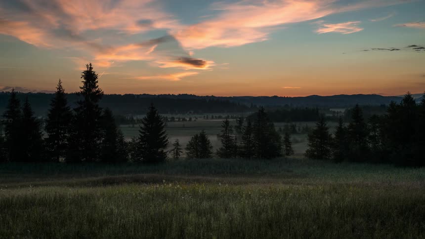 Sunrise with partly cloudy skies outlined by dark trees and a soft haze over the countryside