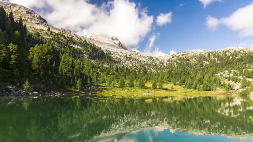 Landscape of a lake that reflects its surroundings with conifers and mountains