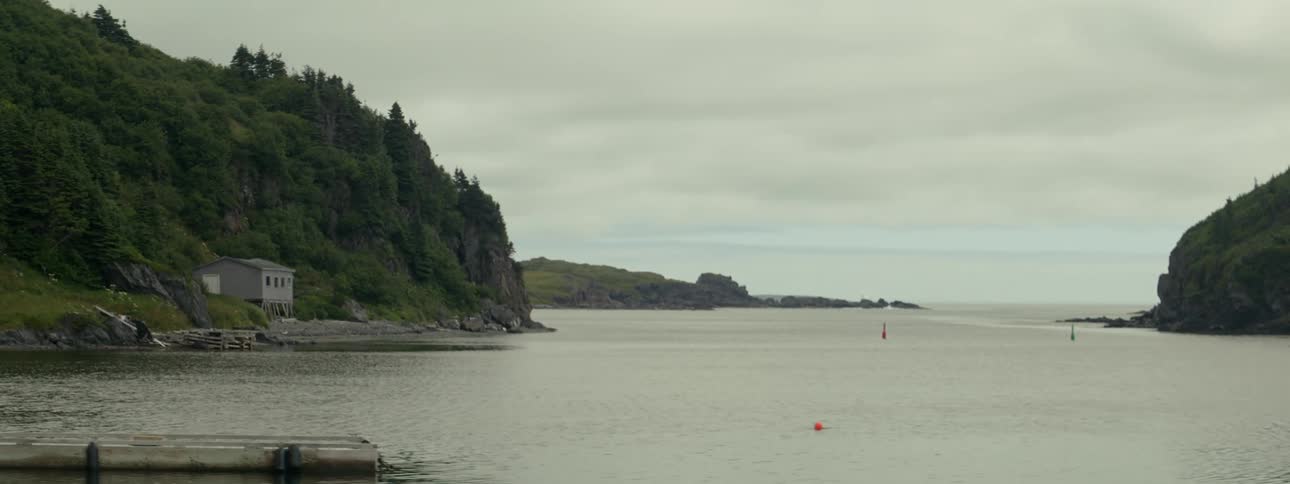 Tranquil coastal landscape with calm waters surrounded by forested hills and a cloudy sky