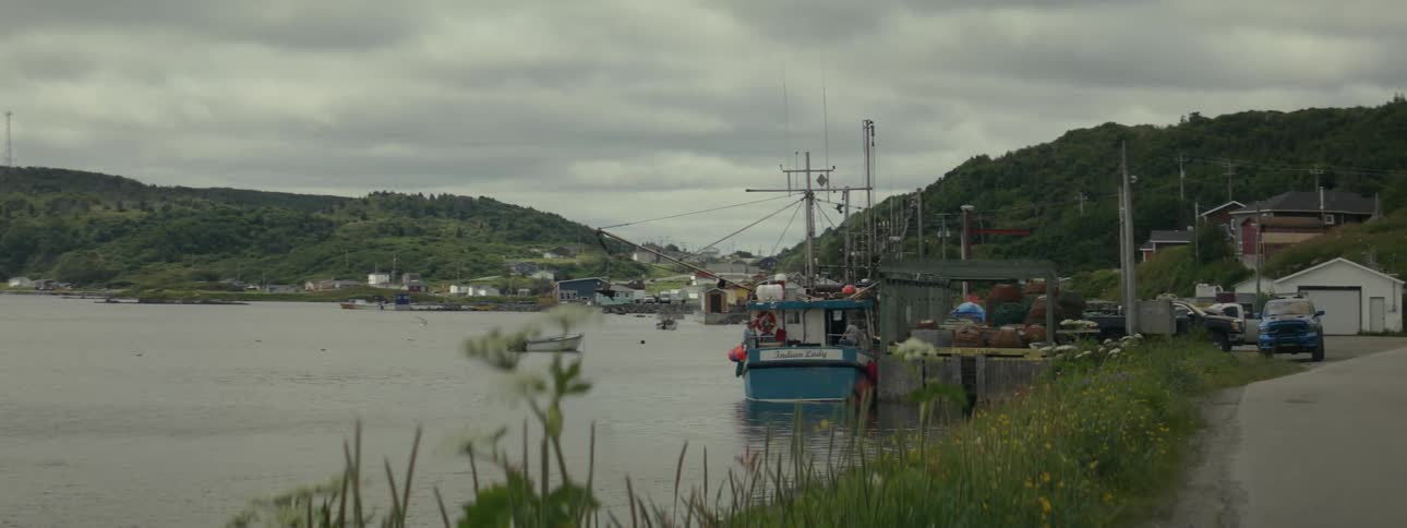 Landscape of boats in an ocean and green mountains in the background