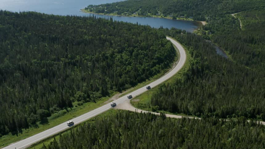 Aerial panorama of vehicles traveling on a road at the edge of forests and the sea