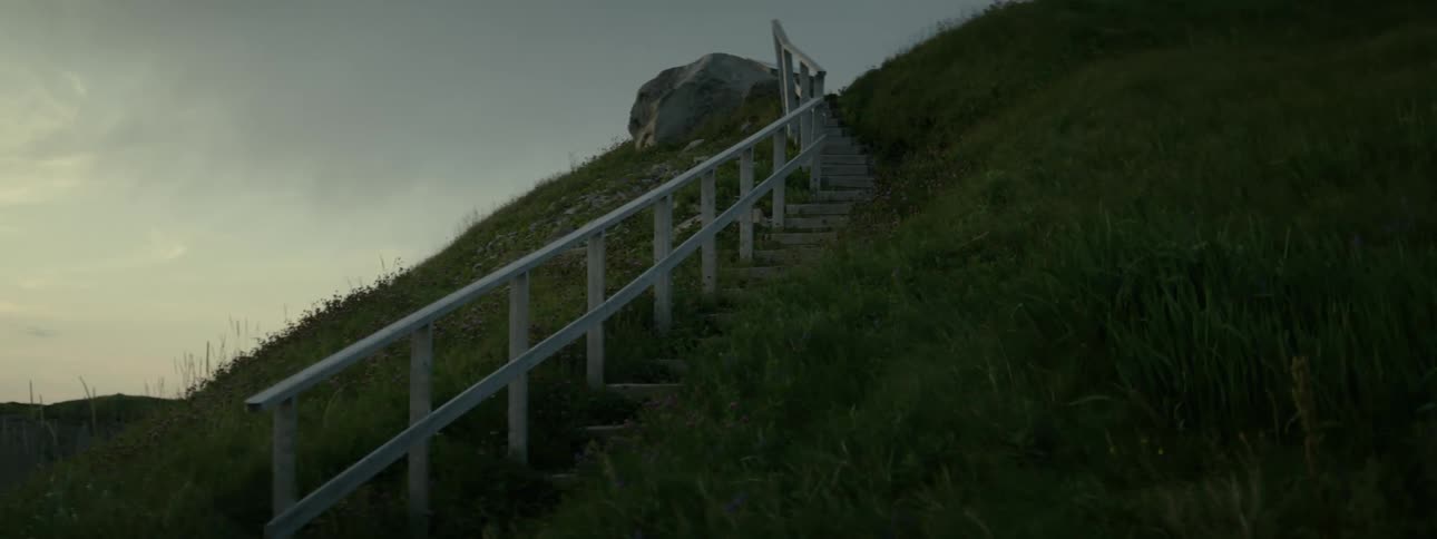 A staircase with a wooden handrail goes up the side of a hill