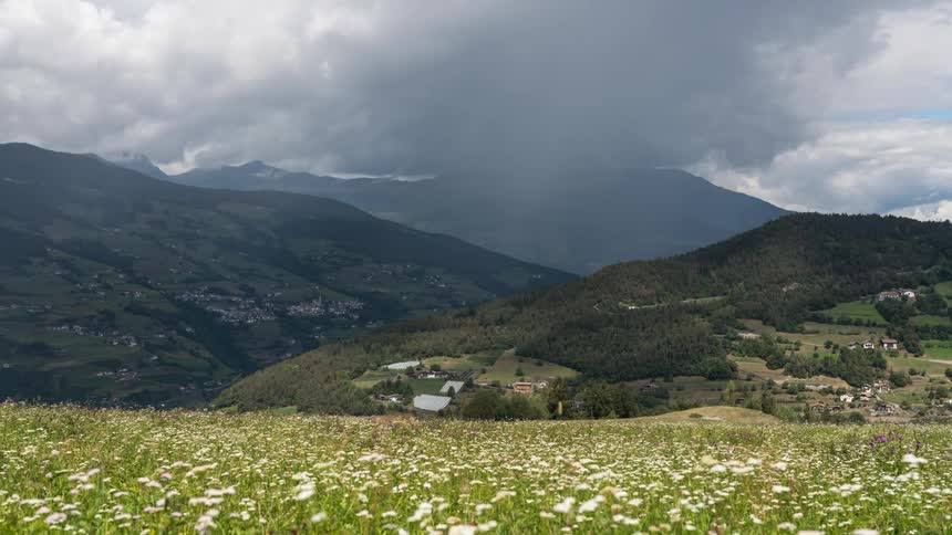 A landscape of a grass field with white flowers and mountains in the background and in the sky there are white and gray clouds moving