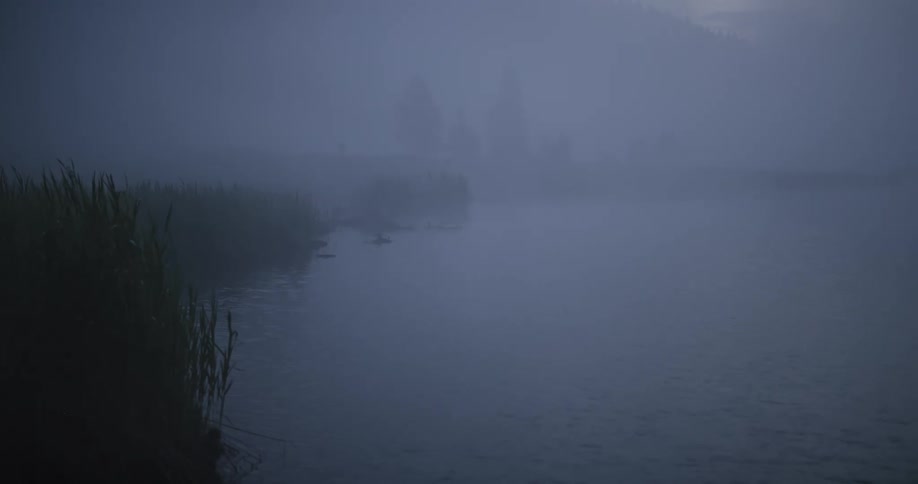 A lake that is partially covered in fog and there is green vegetation on the left side