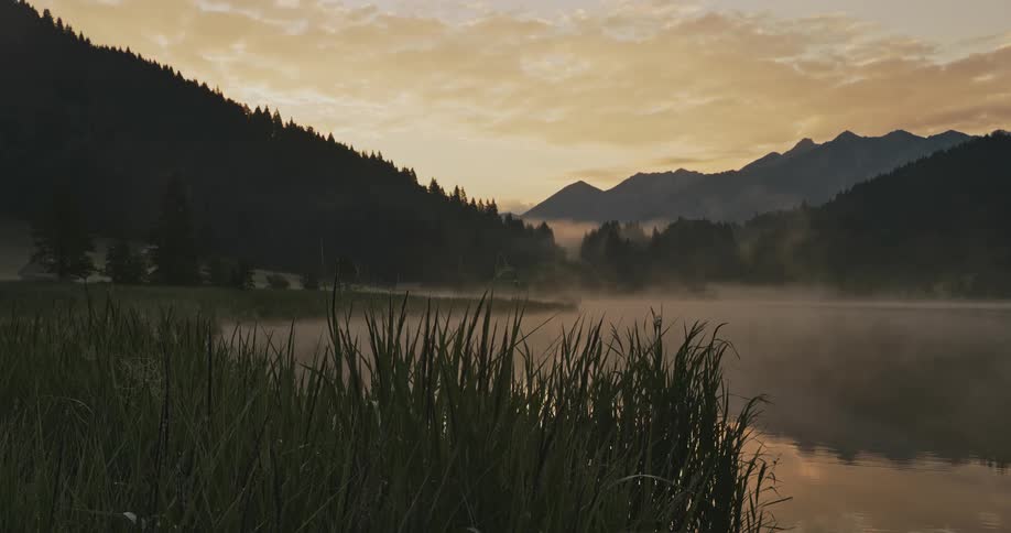 Scenery of a lake with fog and mountains around with vegetation