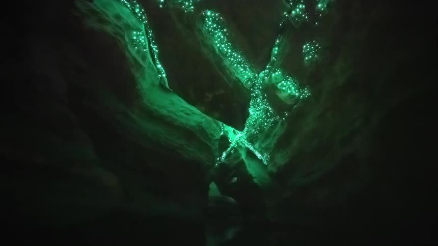 Canyon seen at night with green lights
