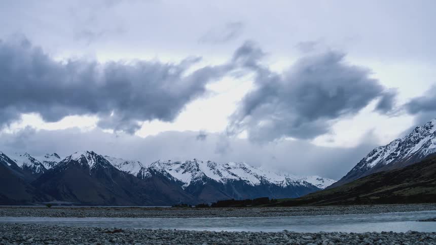 Landscape of snowcapped mountains with sharp peaks under a dramatic cloudy sky with changing tones