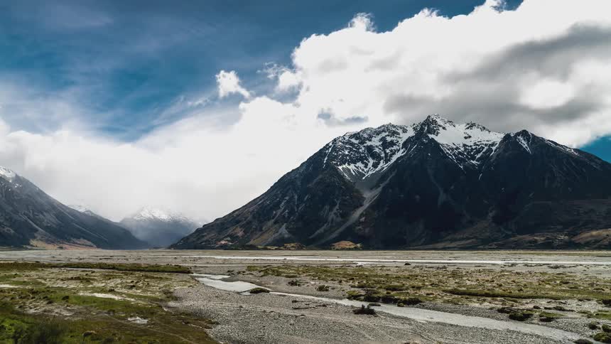 Vast landscape of a valley with snowcapped mountains in the background and a meandering river in the foreground