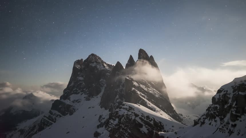 Mountains with snowcapped peaks and a sea of clouds