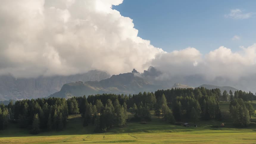 Clouds flow over mountains towering over a nearby conifer forest