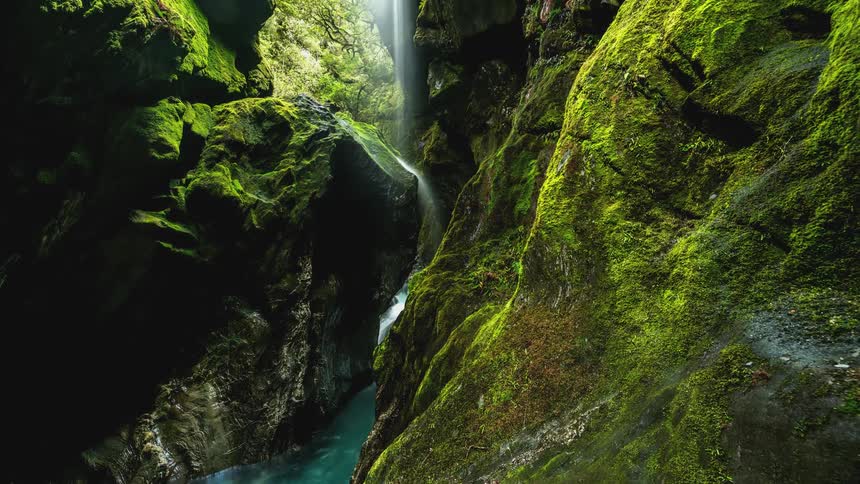 Serene canyon with rock walls and green moss a waterfall at the bottom that flows into a river
