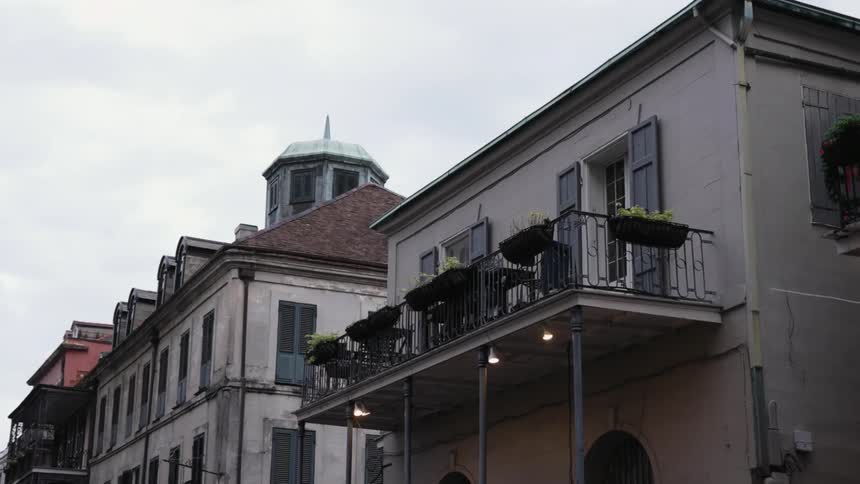 Balcony with many potted plants as seen from the ground floor