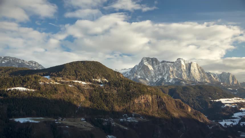 Scenery of greenish and snowy mountains with a dusk day