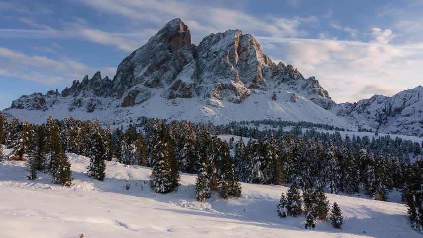 Deep snow covers an evergreen forest at the base of a mountain