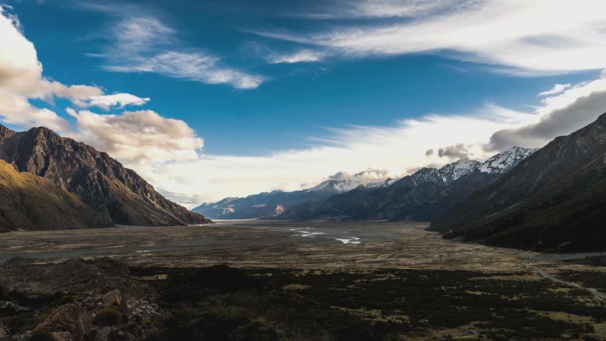 Wide valley between mountains under a partly cloudy sky