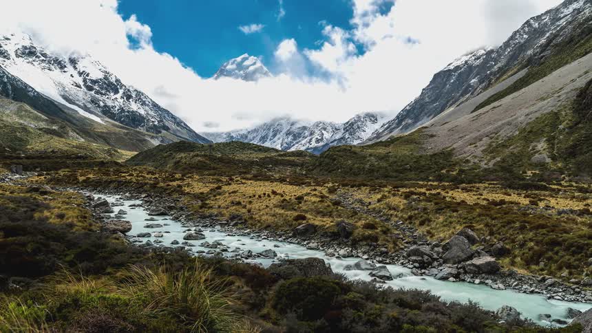 Flowing stream surrounded by snowy mountains