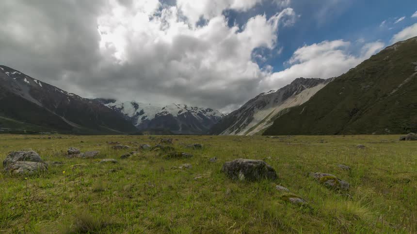 Vast valley with green grass and scattered rocks in the foreground with snowcapped mountains and rocky slopes in the background under a cloudy sky
