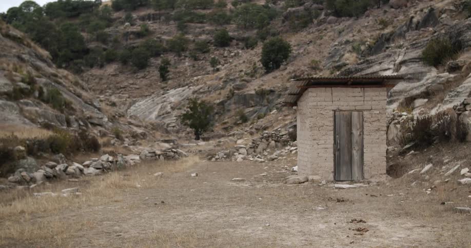 A brick shed stands at the bottom of a hillside during daylight