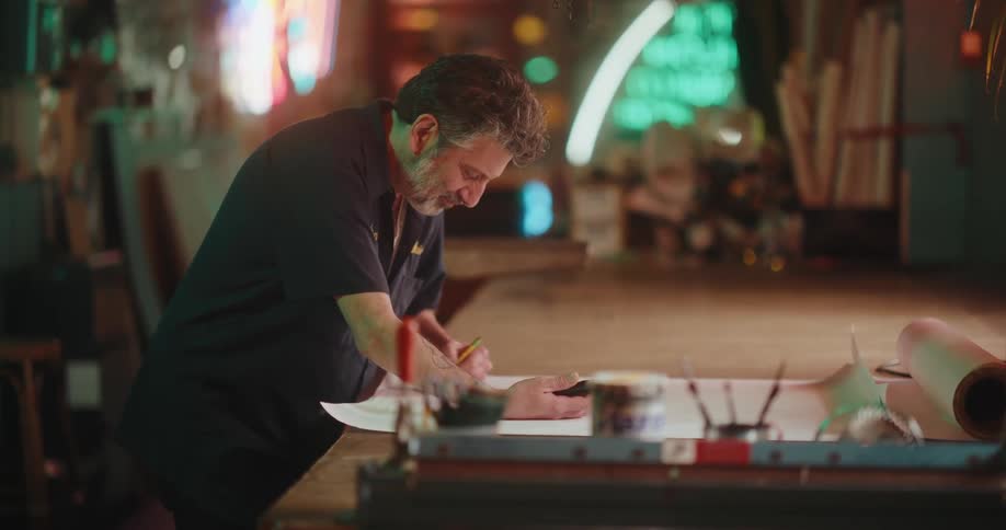Concentrated man drawing a project on the table