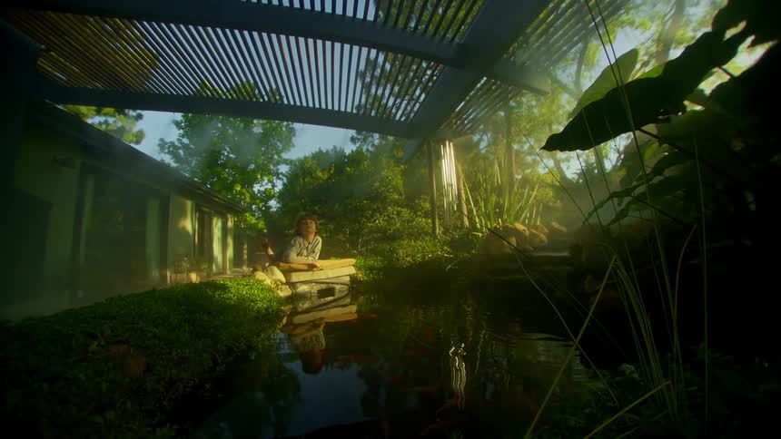 A young boy and a bird sitting next to an artificial pond in a backyard