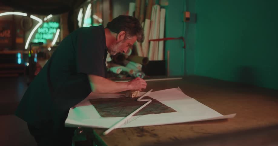 A man measures a glass tube on a piece of paper on a table