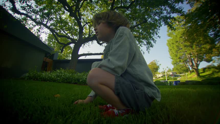 Little boy crouching on the grass in the backyard of a house