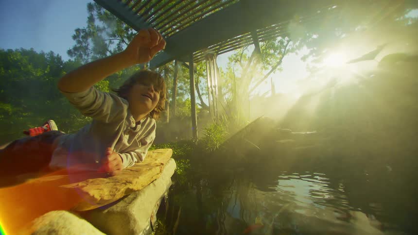 A young boy reaches into a pond in a backyard