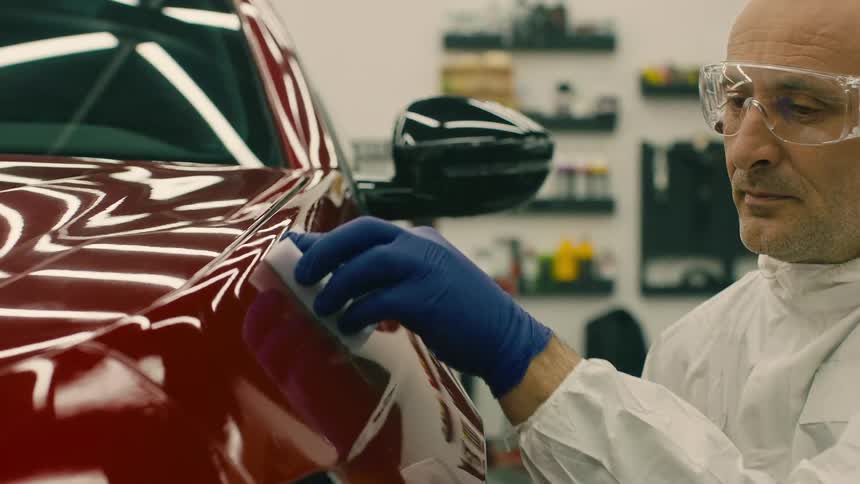 Man with glove and a tablet carefully passing the side and front of a red car