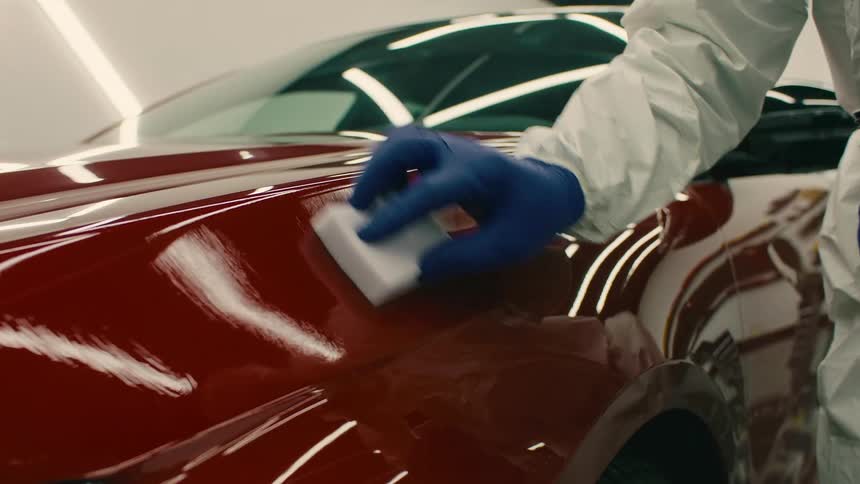 A person in a white protective suit and blue gloves is finishing a red cars bodywork in a factory setting